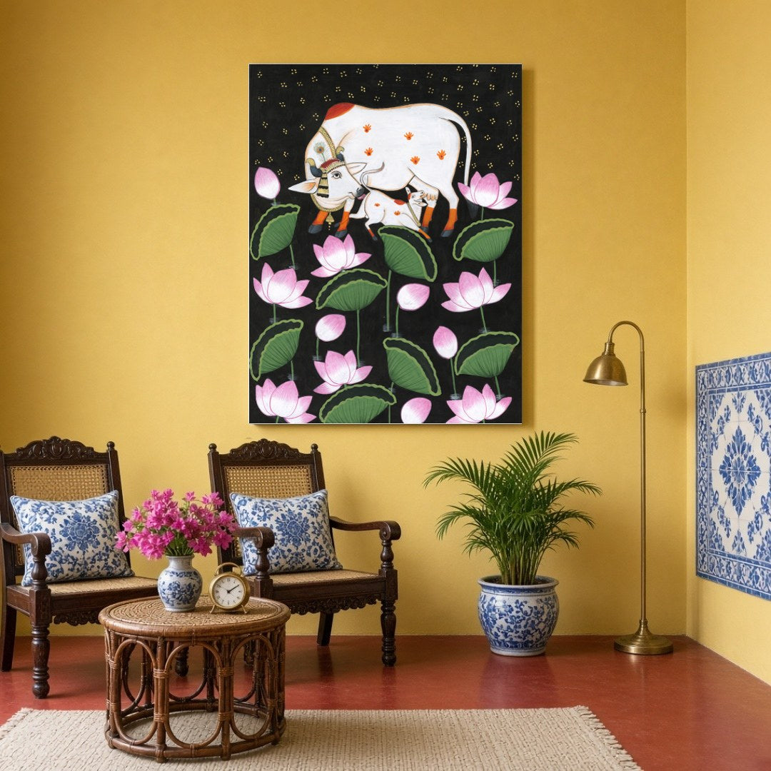 This exquisite Pichwai artwork captures the divine essence of Kamdhenu and her calf, surrounded by for Sitting Area