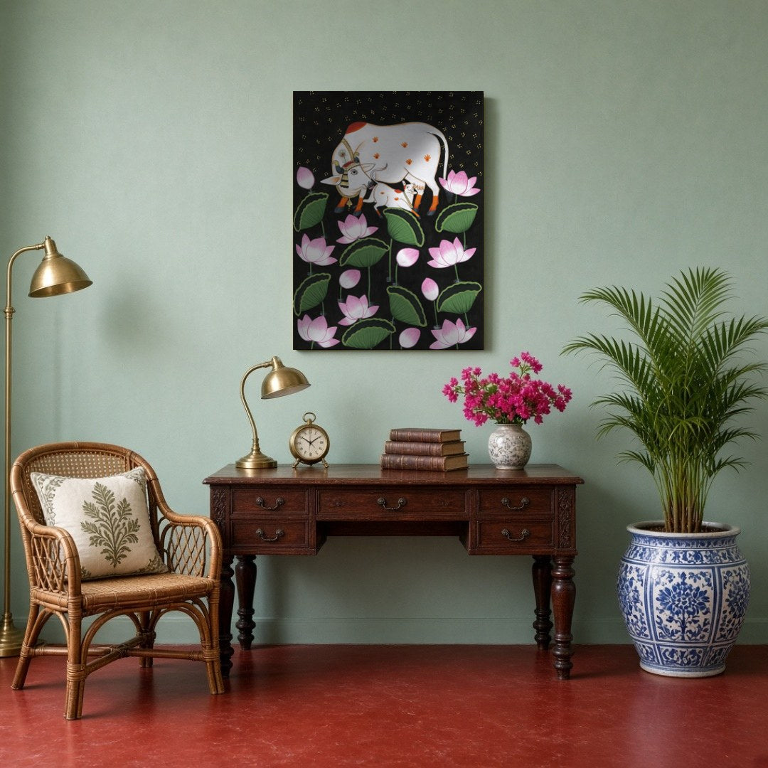 This exquisite Pichwai artwork captures the divine essence of Kamdhenu and her calf, surrounded by for Study