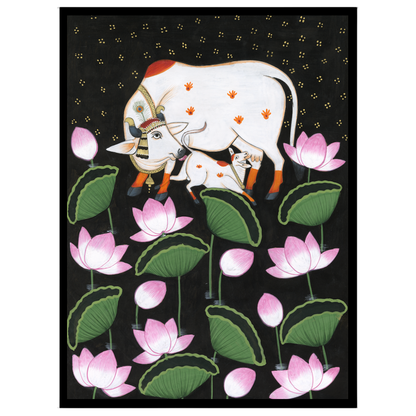 This exquisite Pichwai artwork captures the divine essence of Kamdhenu and her calf, surrounded by for sweet-home