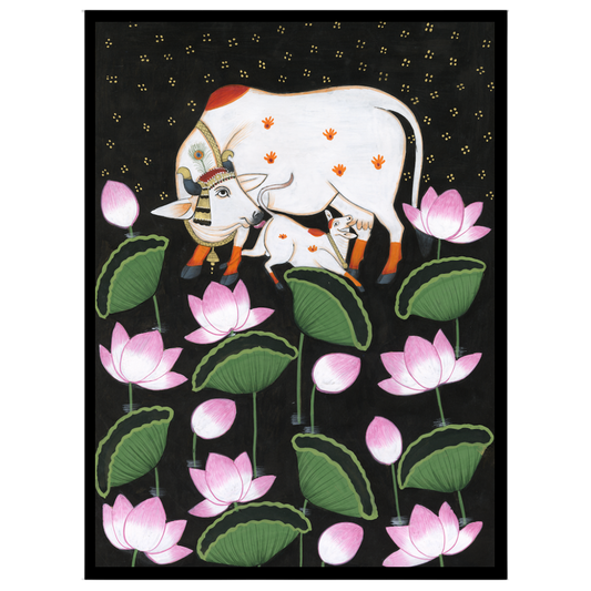 This exquisite Pichwai artwork captures the divine essence of Kamdhenu and her calf, surrounded by for sweet-home