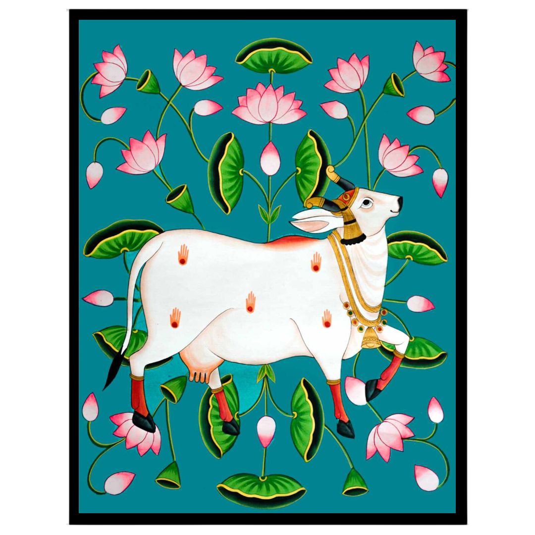 Immerse your space in the divine allure of this Pichwai artwork featuring the sacred Kamdhenu for decor