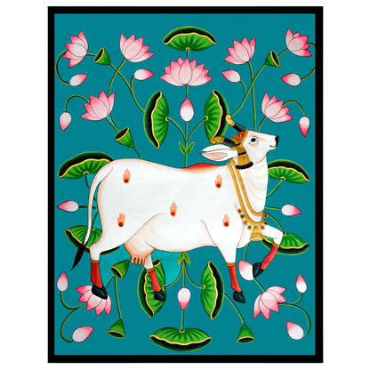 Immerse your space in the divine allure of this Pichwai artwork featuring the sacred Kamdhenu for decor