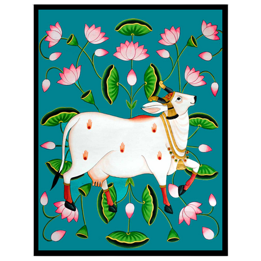Immerse your space in the divine allure of this Pichwai artwork featuring the sacred Kamdhenu for decor