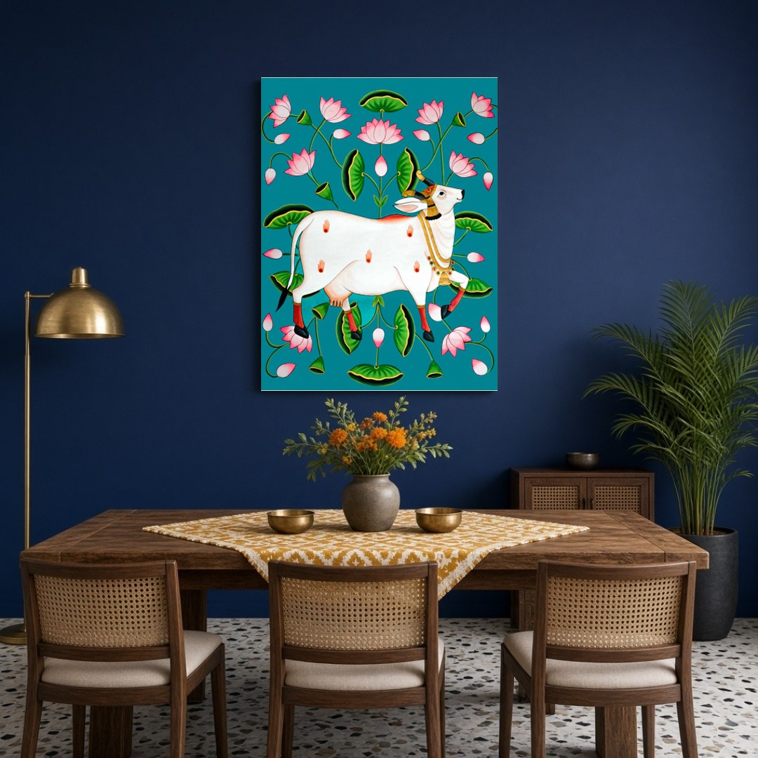 Immerse your space in the divine allure of this Pichwai artwork featuring the sacred Kamdhenu for Dining