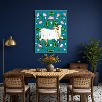 Immerse your space in the divine allure of this Pichwai artwork featuring the sacred Kamdhenu for Dining