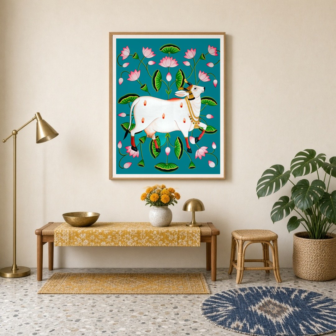 Immerse your space in the divine allure of this Pichwai artwork featuring the sacred Kamdhenu for Entrance