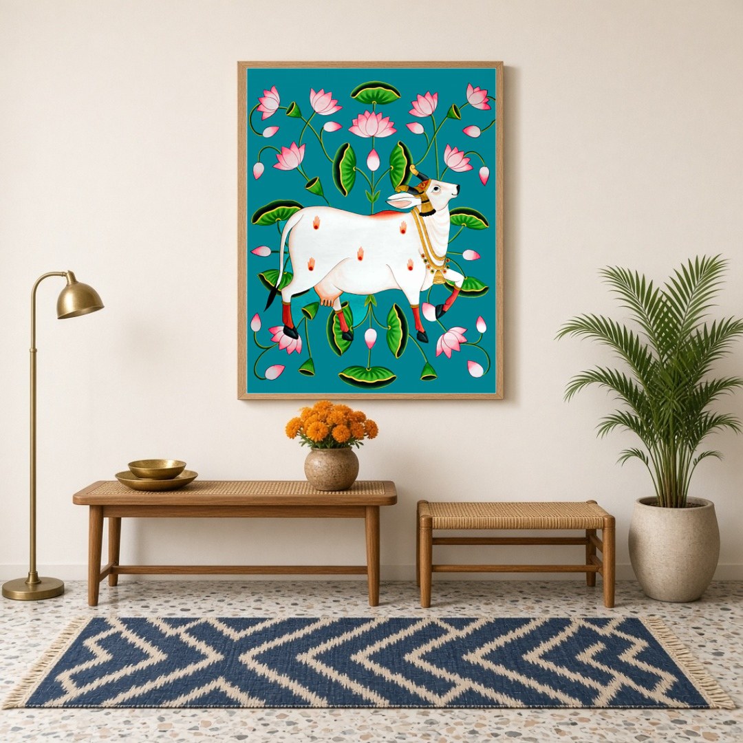 Immerse your space in the divine allure of this Pichwai artwork featuring the sacred Kamdhenu for Hallway