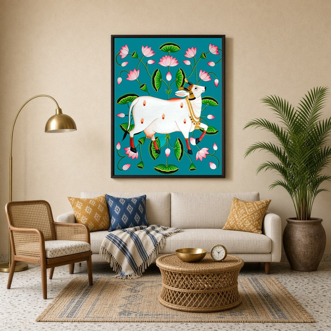 Immerse your space in the divine allure of this Pichwai artwork featuring the sacred Kamdhenu for Living Room