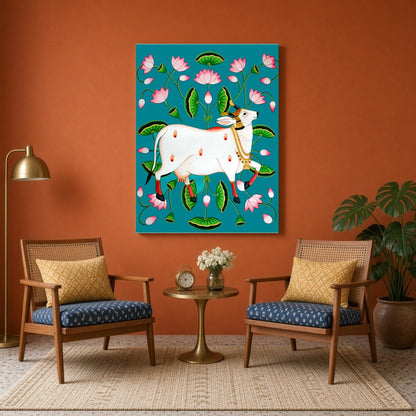 Immerse your space in the divine allure of this Pichwai artwork featuring the sacred Kamdhenu for Sitting Area