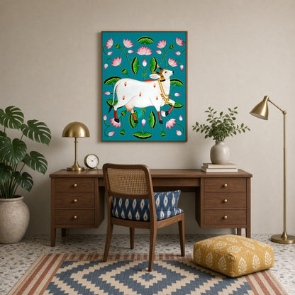 Immerse your space in the divine allure of this Pichwai artwork featuring the sacred Kamdhenu for Study