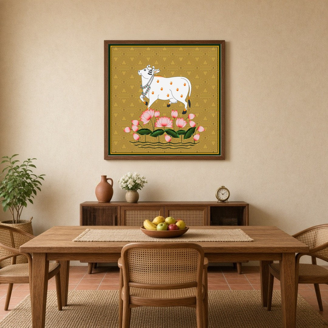 This captivating Pichwai painting features the sacred Kamdhenu amidst a vibrant display of lotus for Dining