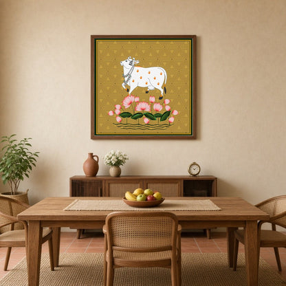 This captivating Pichwai painting features the sacred Kamdhenu amidst a vibrant display of lotus for Dining