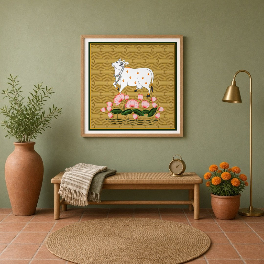 This captivating Pichwai painting features the sacred Kamdhenu amidst a vibrant display of lotus for Entrance