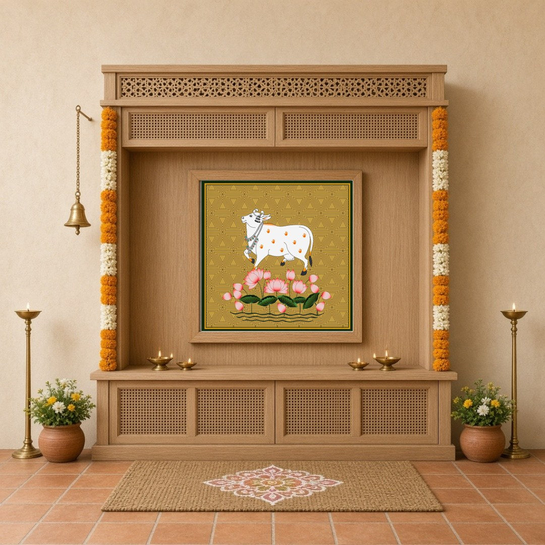 This captivating Pichwai painting features the sacred Kamdhenu amidst a vibrant display of lotus for Home Temple