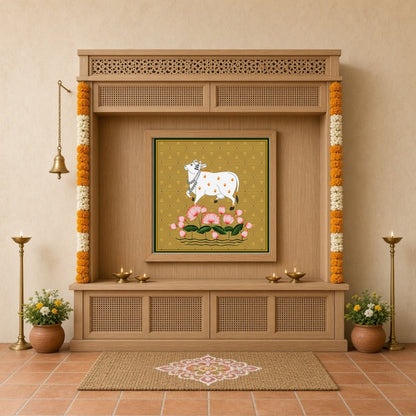 This captivating Pichwai painting features the sacred Kamdhenu amidst a vibrant display of lotus for Home Temple
