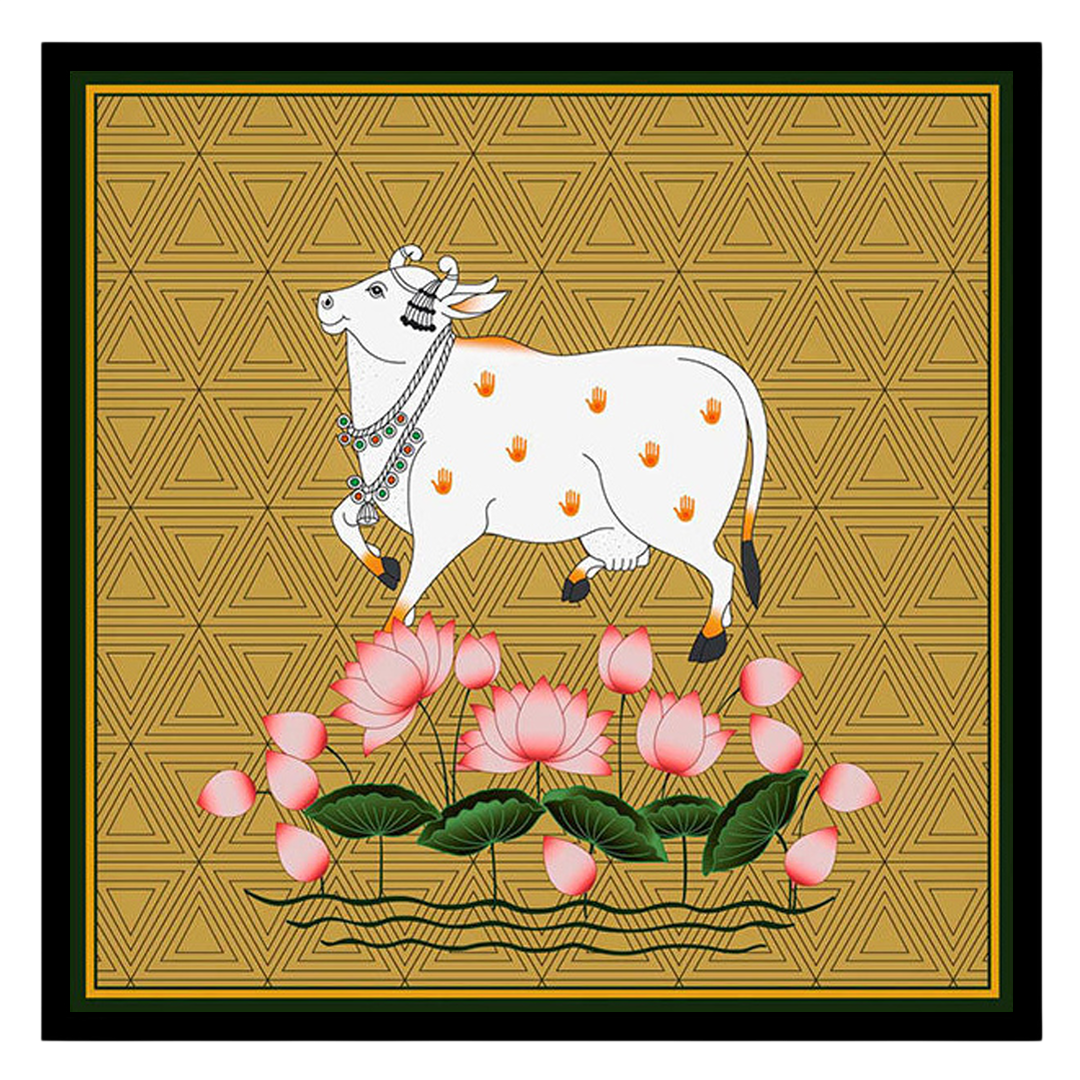 This captivating Pichwai painting features the sacred Kamdhenu amidst a vibrant display of lotus for house