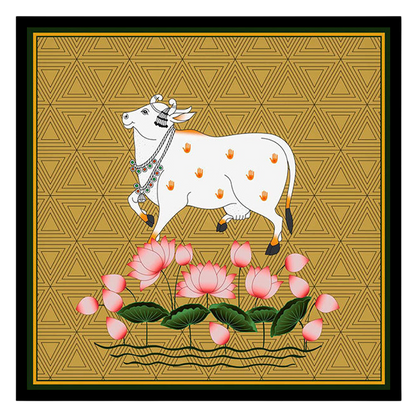 This captivating Pichwai painting features the sacred Kamdhenu amidst a vibrant display of lotus for house