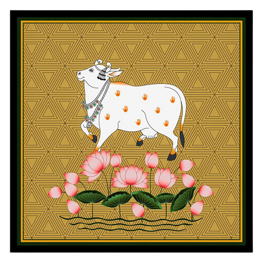 This captivating Pichwai painting features the sacred Kamdhenu amidst a vibrant display of lotus for house
