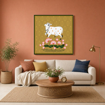 This captivating Pichwai painting features the sacred Kamdhenu amidst a vibrant display of lotus for Living Room