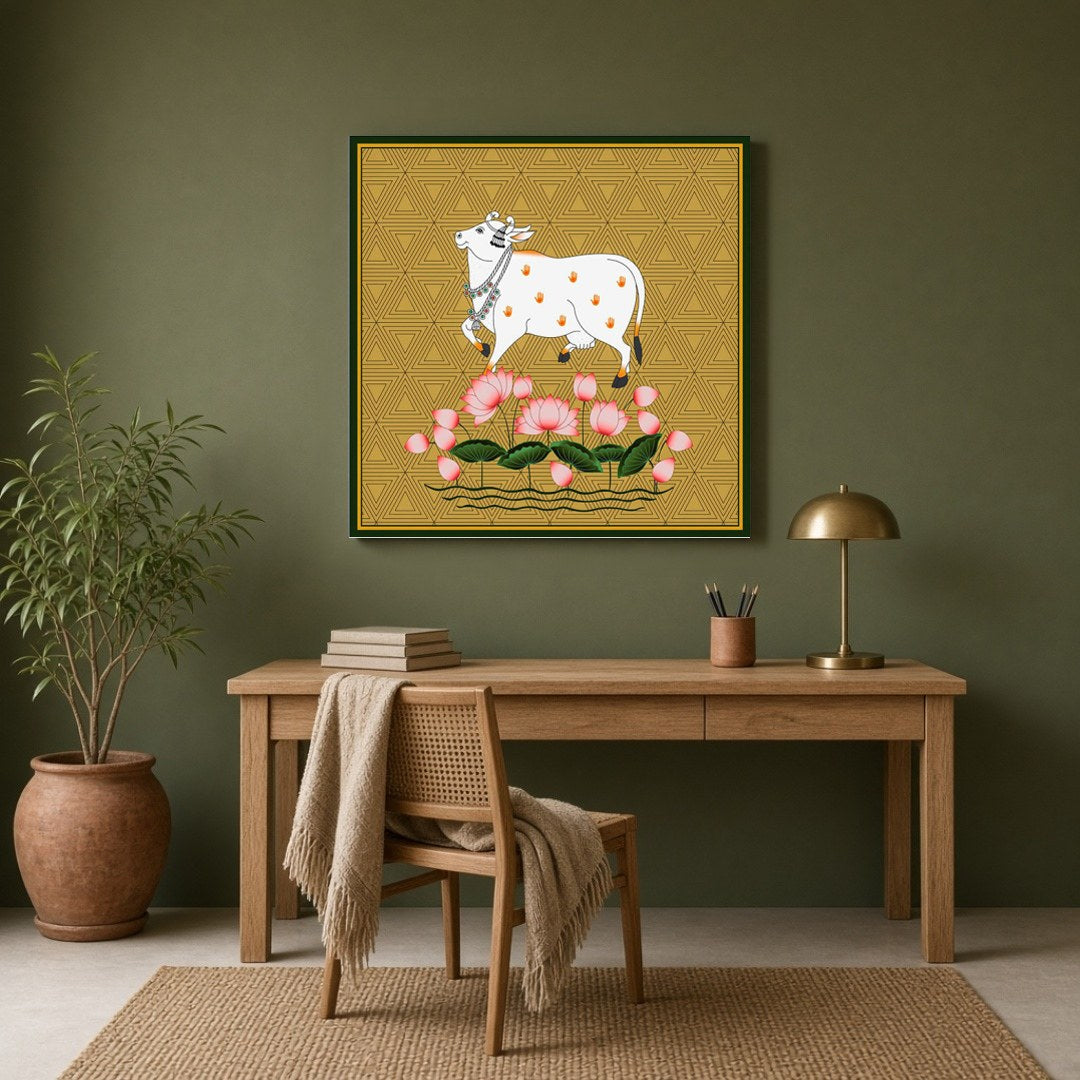 This captivating Pichwai painting features the sacred Kamdhenu amidst a vibrant display of lotus for Study