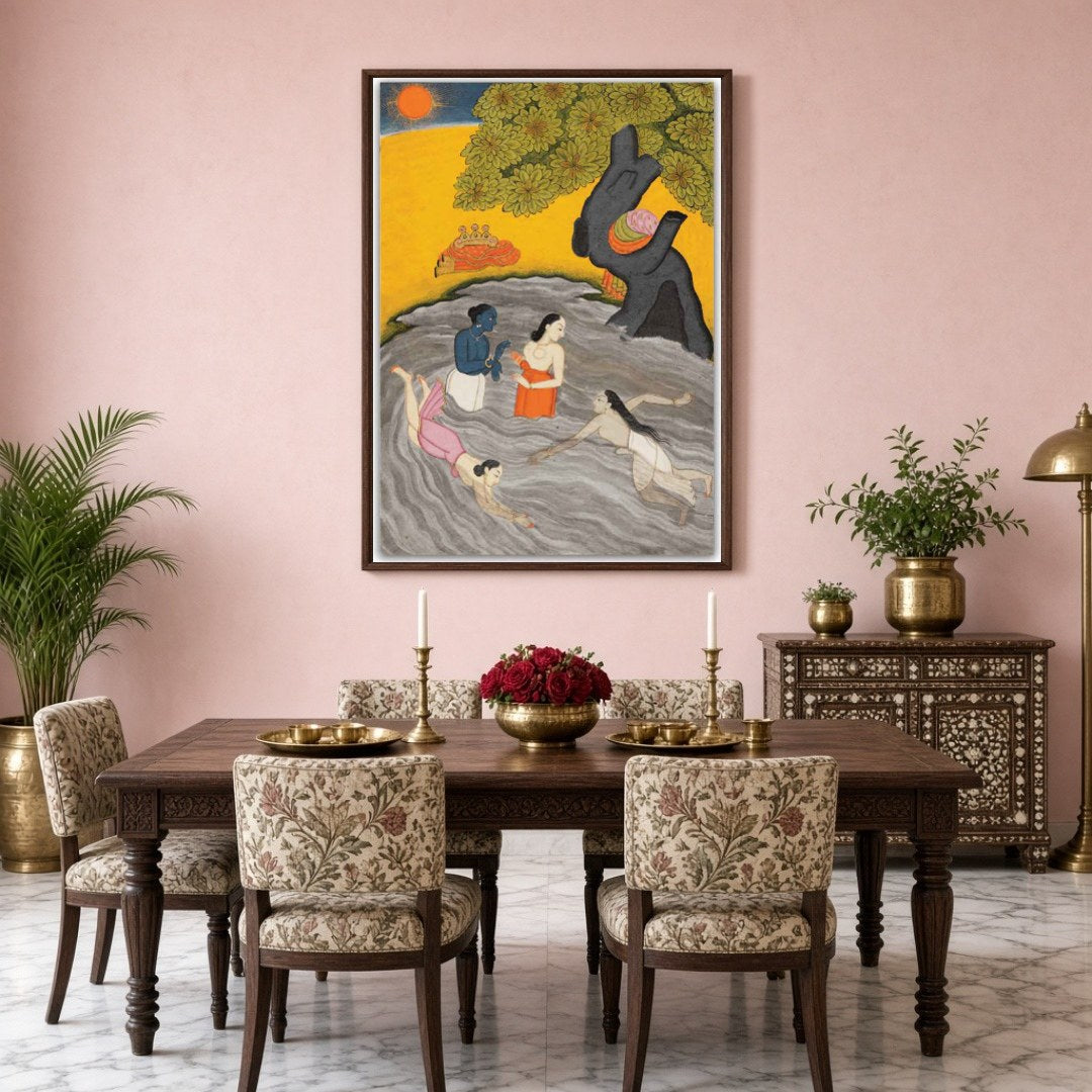 Experience the spiritual charm of Krishna alongside his Gopis in this exquisite Pichwai art. Bathed for Dining