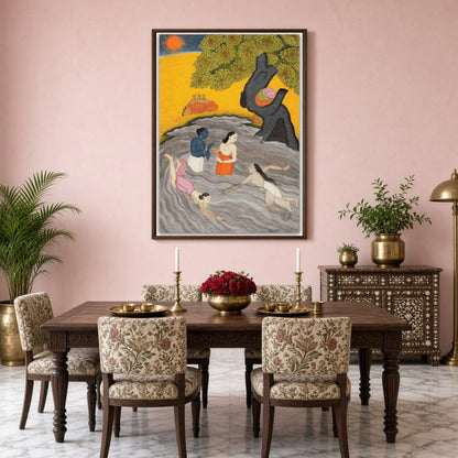 Experience the spiritual charm of Krishna alongside his Gopis in this exquisite Pichwai art. Bathed for Dining