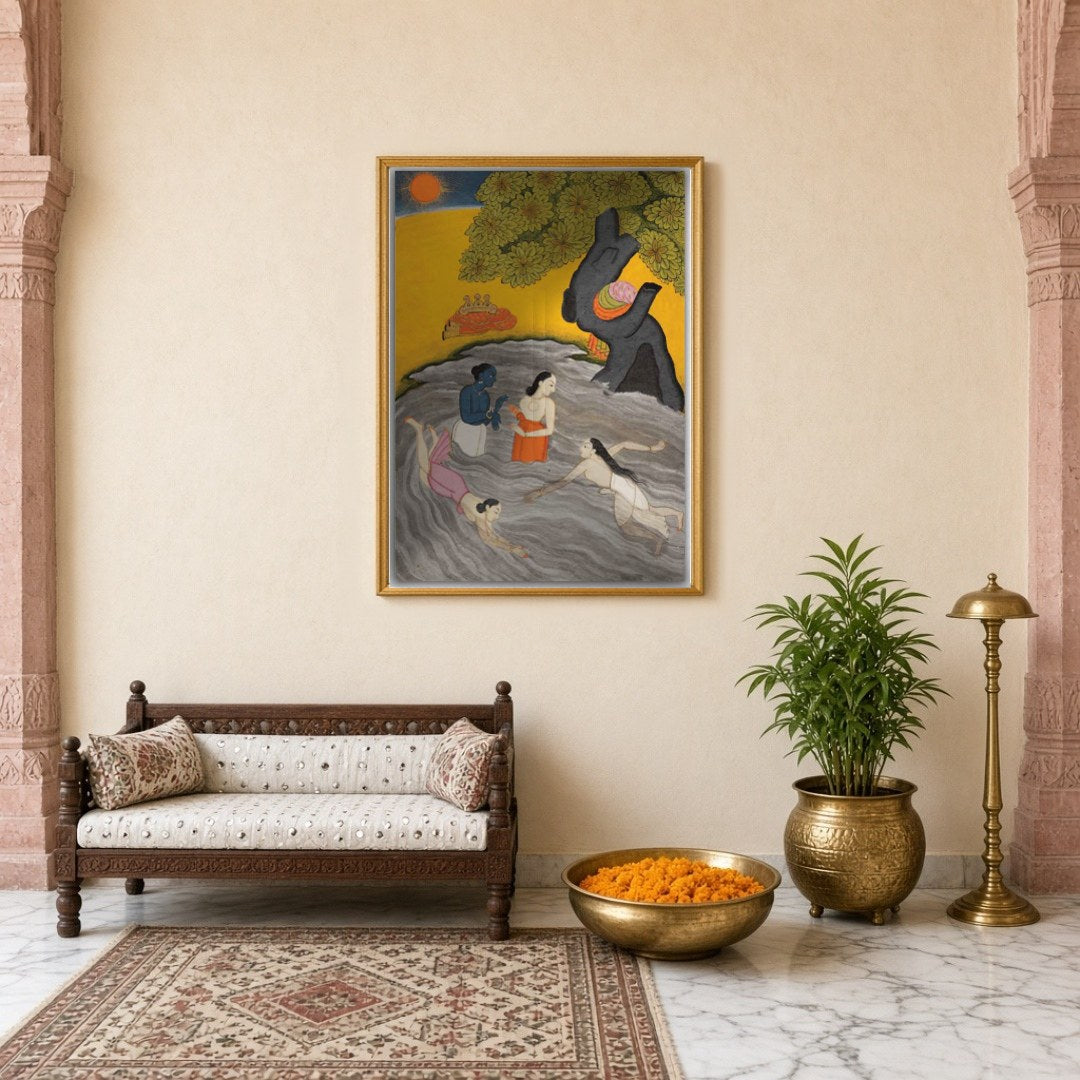 Experience the spiritual charm of Krishna alongside his Gopis in this exquisite Pichwai art. Bathed for Entrance
