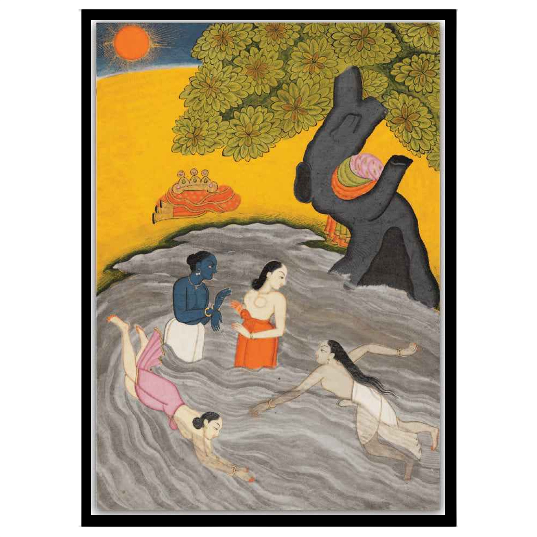 Experience the spiritual charm of Krishna alongside his Gopis in this exquisite Pichwai art. Bathed for home