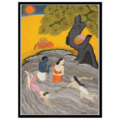 Experience the spiritual charm of Krishna alongside his Gopis in this exquisite Pichwai art. Bathed for home