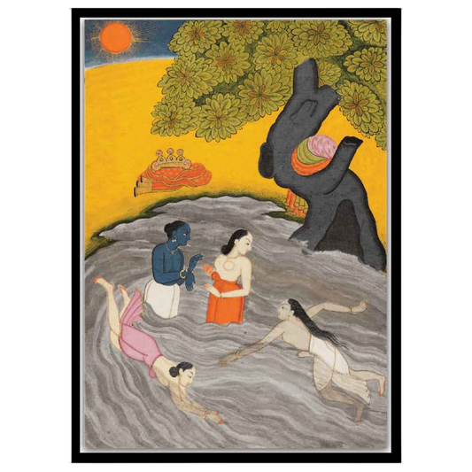 Experience the spiritual charm of Krishna alongside his Gopis in this exquisite Pichwai art. Bathed for home