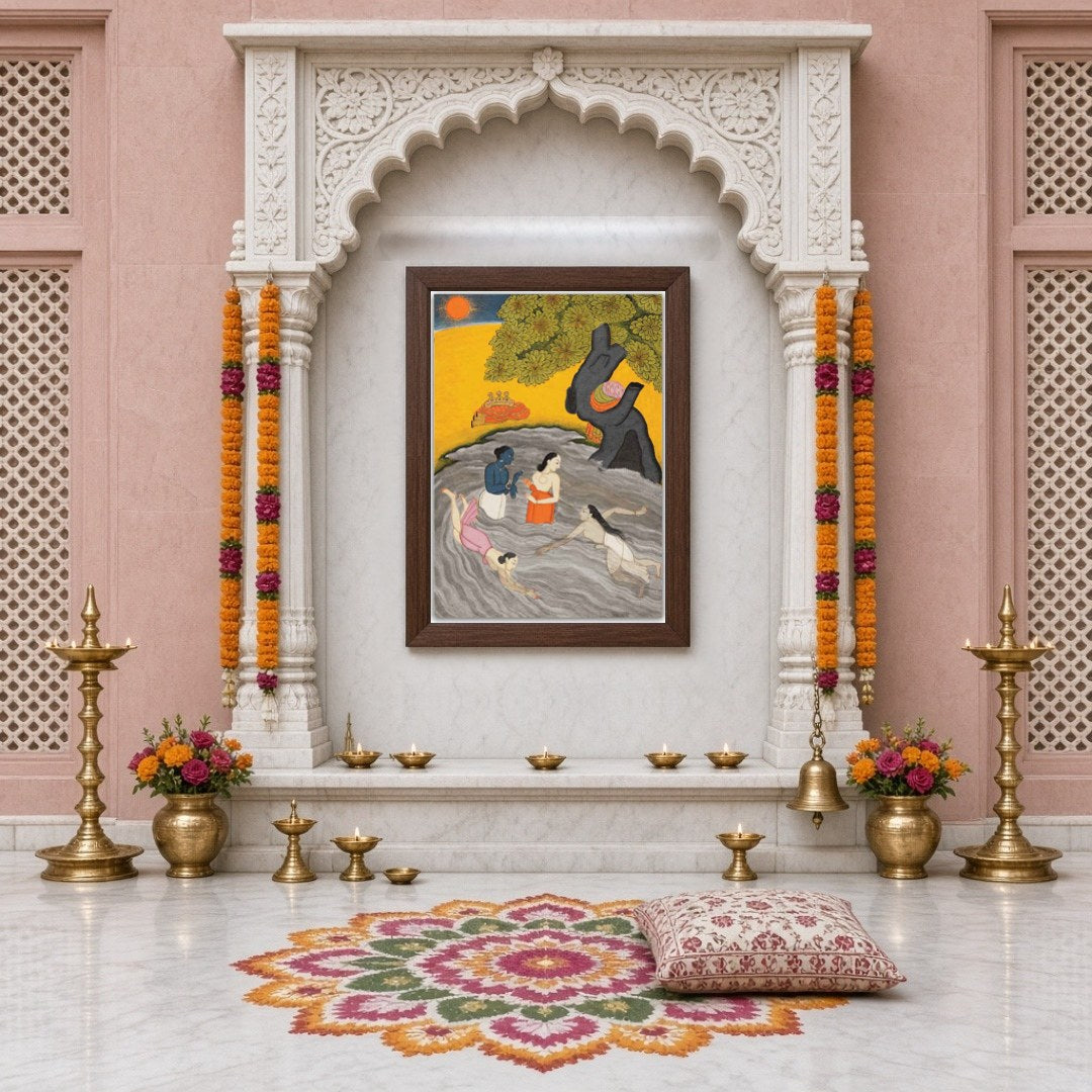 Experience the spiritual charm of Krishna alongside his Gopis in this exquisite Pichwai art. Bathed for Home Temple