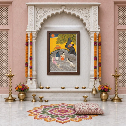 Experience the spiritual charm of Krishna alongside his Gopis in this exquisite Pichwai art. Bathed for Home Temple