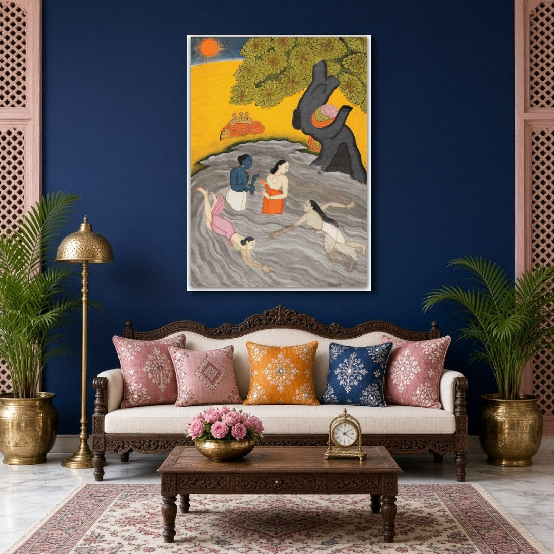 Experience the spiritual charm of Krishna alongside his Gopis in this exquisite Pichwai art. Bathed for Living Room