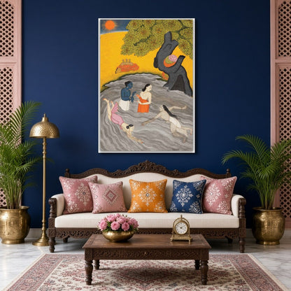 Experience the spiritual charm of Krishna alongside his Gopis in this exquisite Pichwai art. Bathed for Living Room