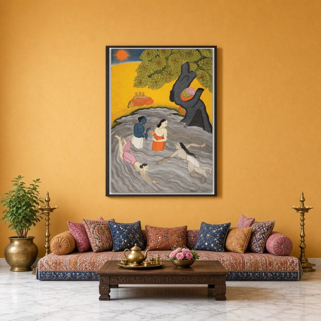 Experience the spiritual charm of Krishna alongside his Gopis in this exquisite Pichwai art. Bathed for Sitting Lounge