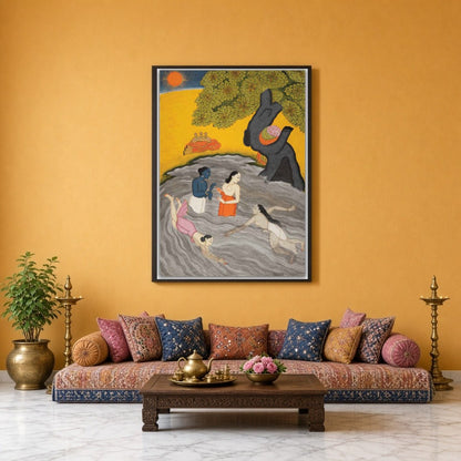 Experience the spiritual charm of Krishna alongside his Gopis in this exquisite Pichwai art. Bathed for Sitting Lounge