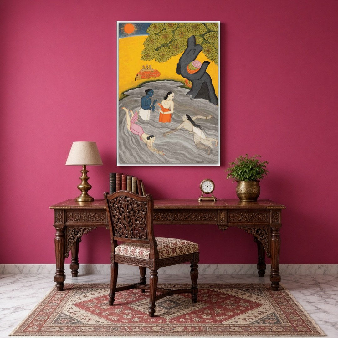 Experience the spiritual charm of Krishna alongside his Gopis in this exquisite Pichwai art. Bathed for Study