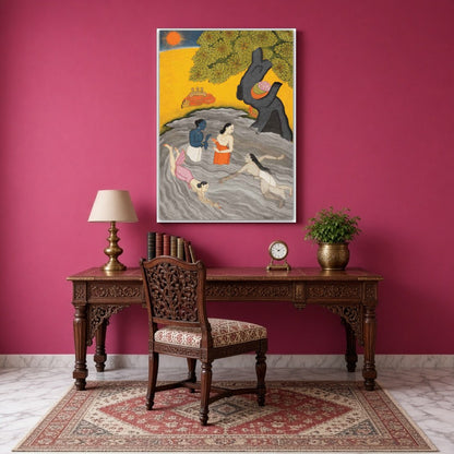 Experience the spiritual charm of Krishna alongside his Gopis in this exquisite Pichwai art. Bathed for Study