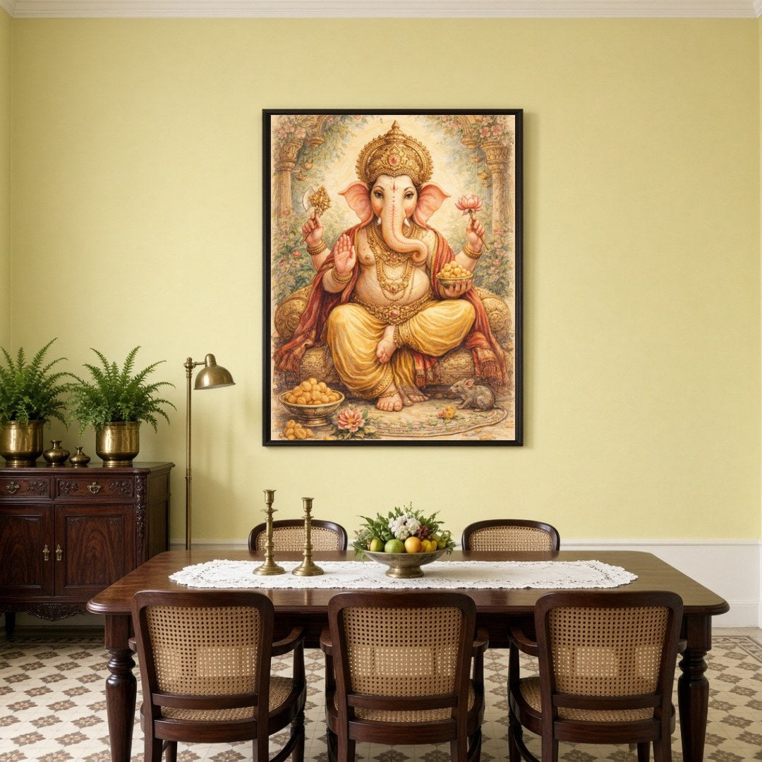 Embrace the divine presence of Lord Ganesha, depicted with exquisite detail, surrounded by sweet for Dining