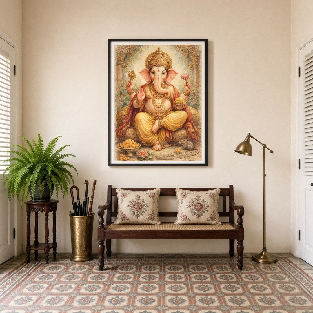 Embrace the divine presence of Lord Ganesha, depicted with exquisite detail, surrounded by sweet for Entrance