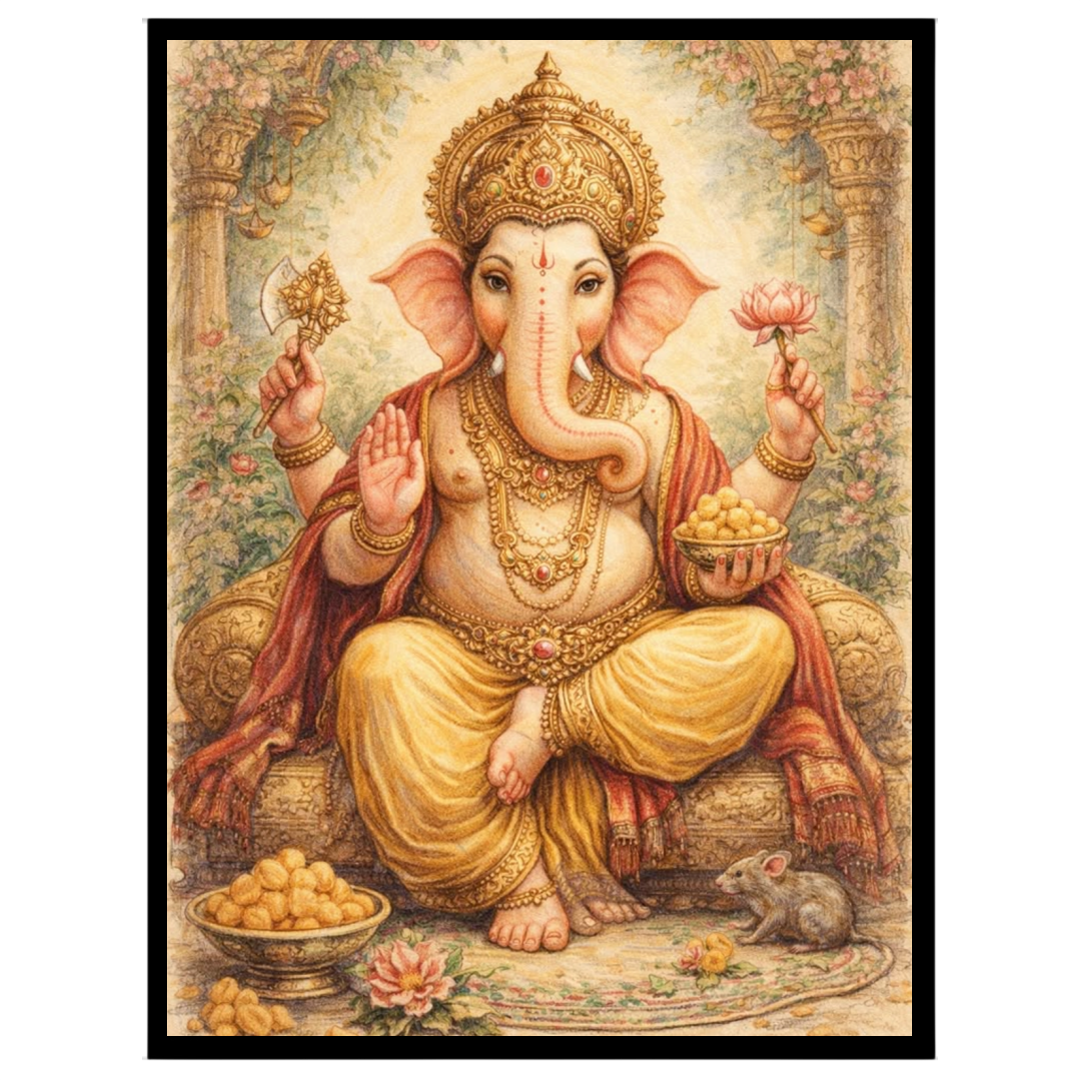Embrace the divine presence of Lord Ganesha, depicted with exquisite detail, surrounded by sweet for haven