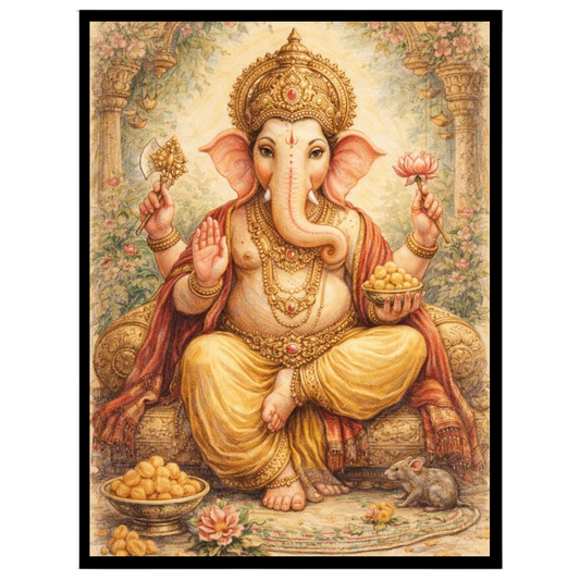 Embrace the divine presence of Lord Ganesha, depicted with exquisite detail, surrounded by sweet for haven