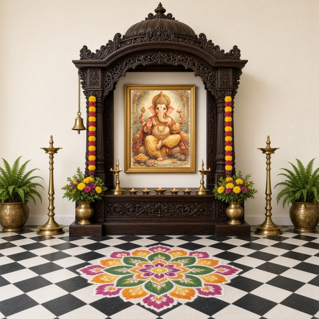 Embrace the divine presence of Lord Ganesha, depicted with exquisite detail, surrounded by sweet for Home Temple