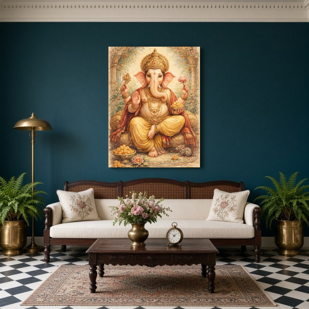 Embrace the divine presence of Lord Ganesha, depicted with exquisite detail, surrounded by sweet for Living Room