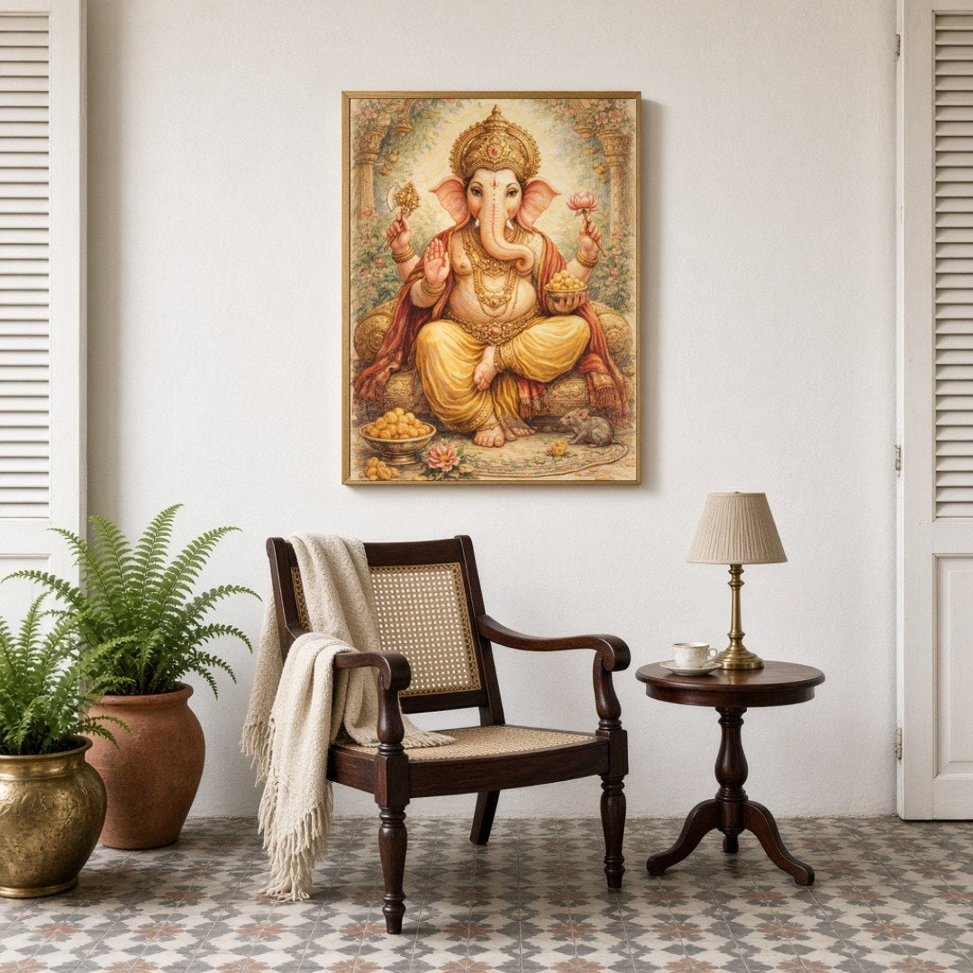 Embrace the divine presence of Lord Ganesha, depicted with exquisite detail, surrounded by sweet for Sitting Lounge