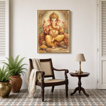 Embrace the divine presence of Lord Ganesha, depicted with exquisite detail, surrounded by sweet for Sitting Lounge