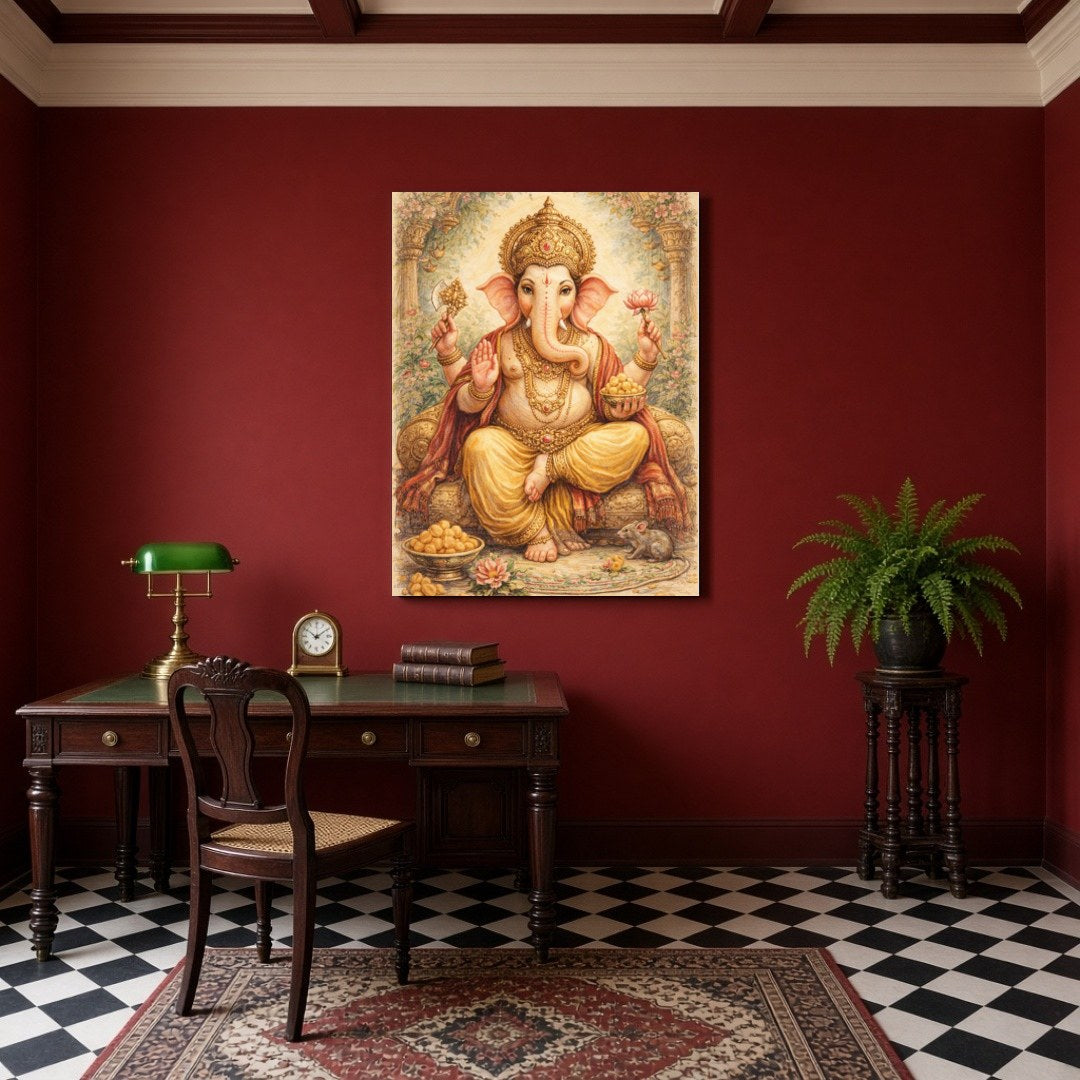 Embrace the divine presence of Lord Ganesha, depicted with exquisite detail, surrounded by sweet for Study
