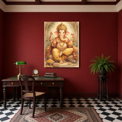 Embrace the divine presence of Lord Ganesha, depicted with exquisite detail, surrounded by sweet for Study