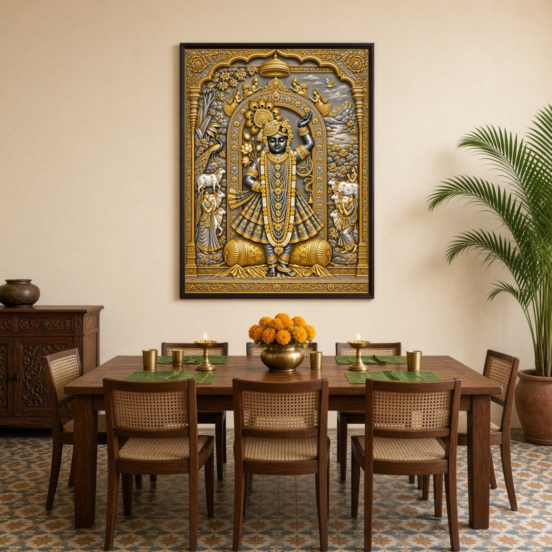 Immerse in the celestial beauty of this exquisite Pichwai wall art, featuring the divine presence for Dining