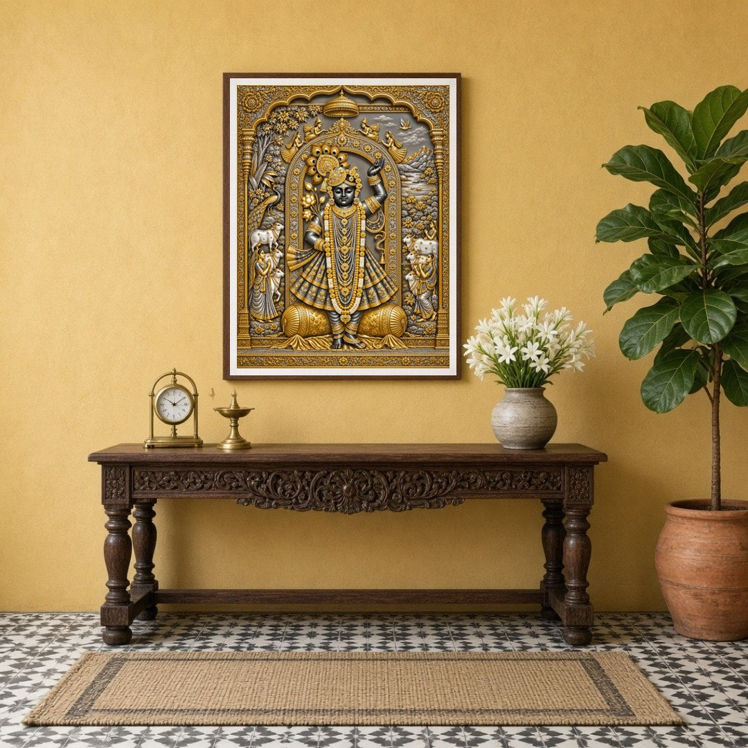 Immerse in the celestial beauty of this exquisite Pichwai wall art, featuring the divine presence for Entrance